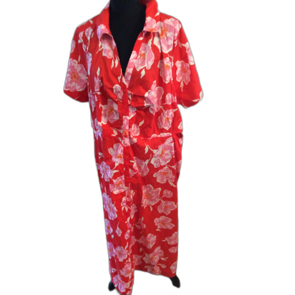 New NWT Plus 3X floral red midi dress cut outs Button up front shirt dress - Picture 2 of 6